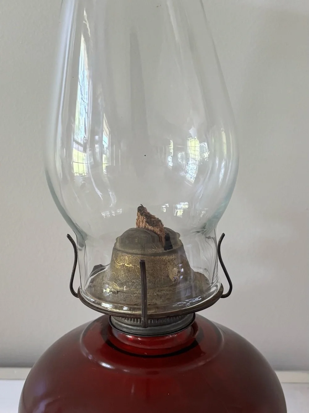 Vintage Red Glass Oil Lamp with Clear Chimney
